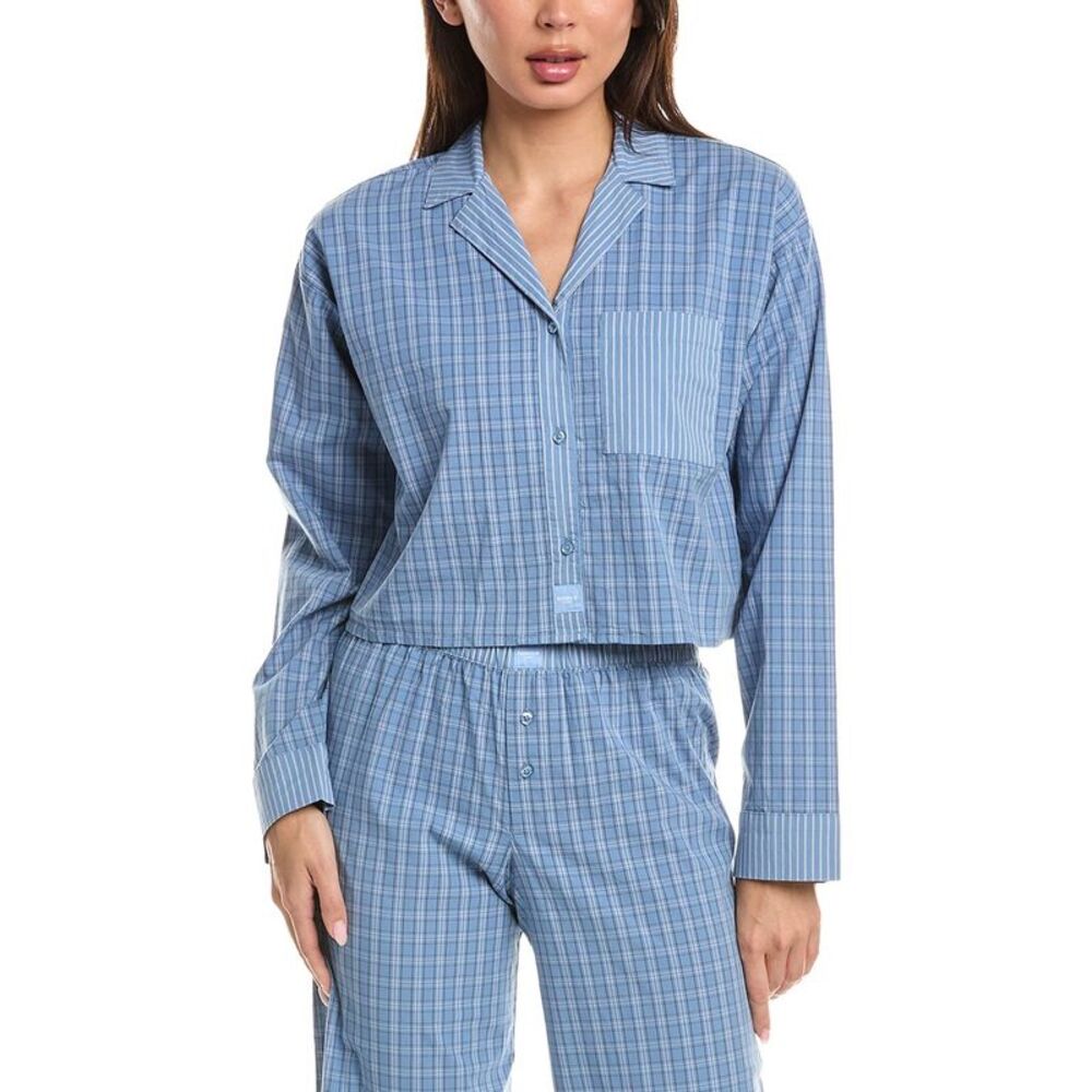 Florence By Mills Womens Micro Plaid Crop Shirt, Blue
